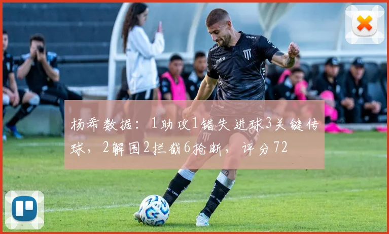 杨希数据：1助攻1错失进球3关键传球，2解围2拦截6抢断，评分72